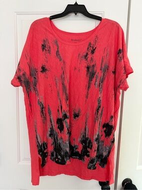 Roaman's Coral Pink Short Sleeve Tunic with Black Abstract Print